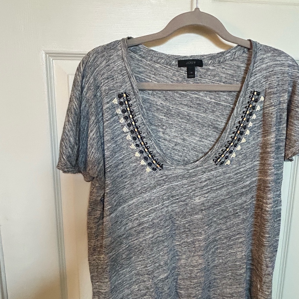 J. Crew Beaded Embellished Low-Cut Scoop-neck T-shirt Heather Gray BOHO Sz M